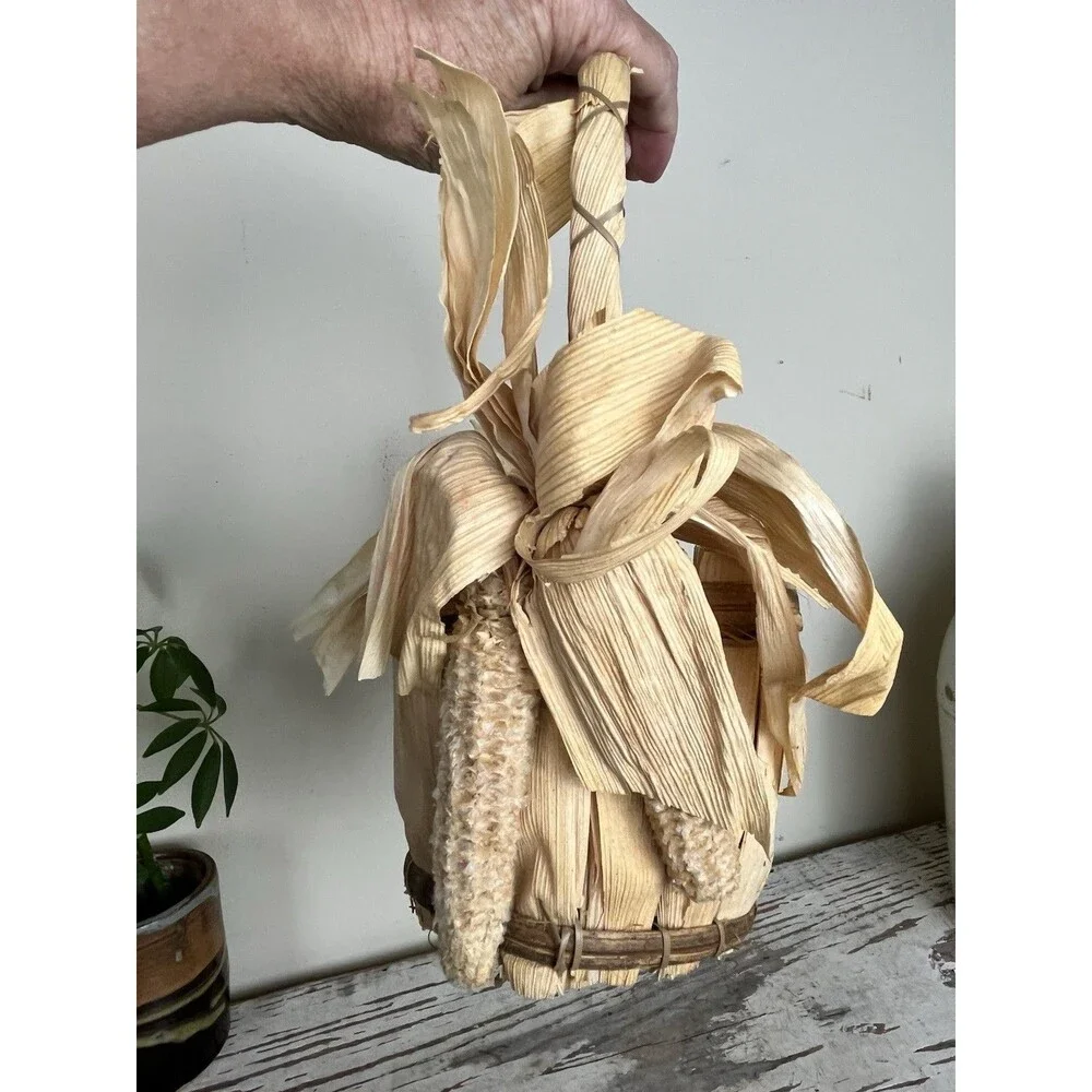 Vintage Rare Rustic Harvest Corn Husk Wicker Basket Primitive Country Decor